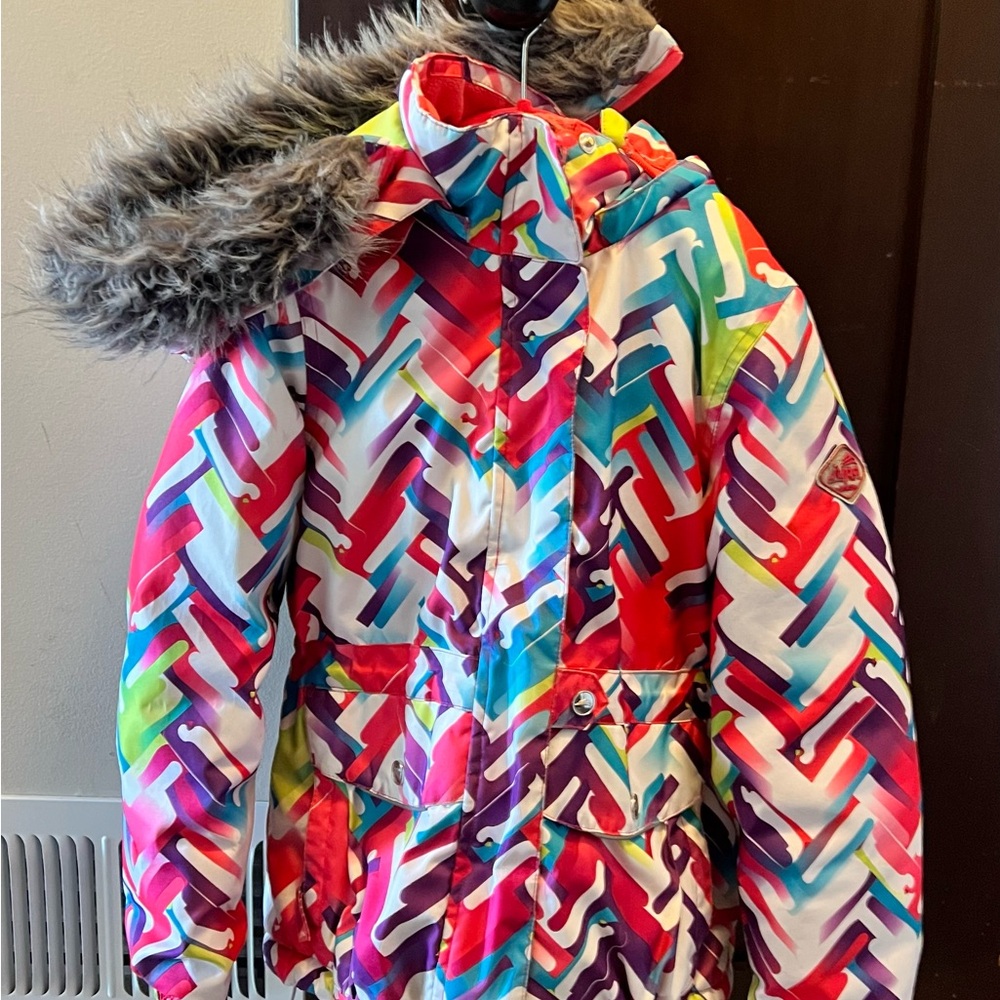 Girls size 7 Colorful Patterned Winter Jacket with Fur Hood